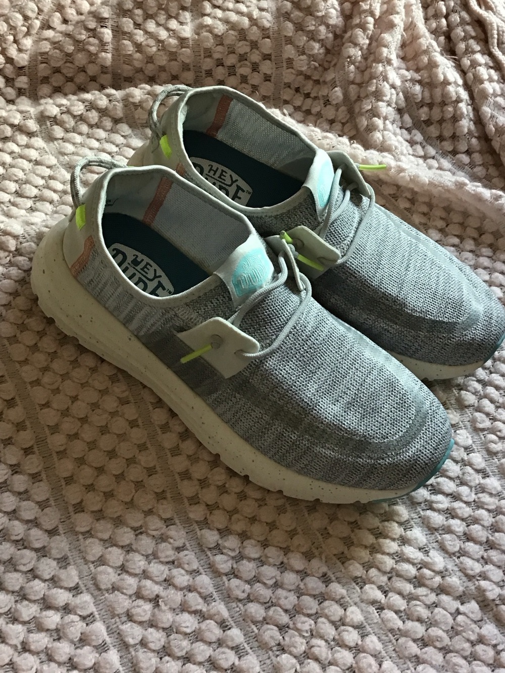 Hey Dude womens Grey Knit Slip-On Sneakers with Lime & aqua Accents